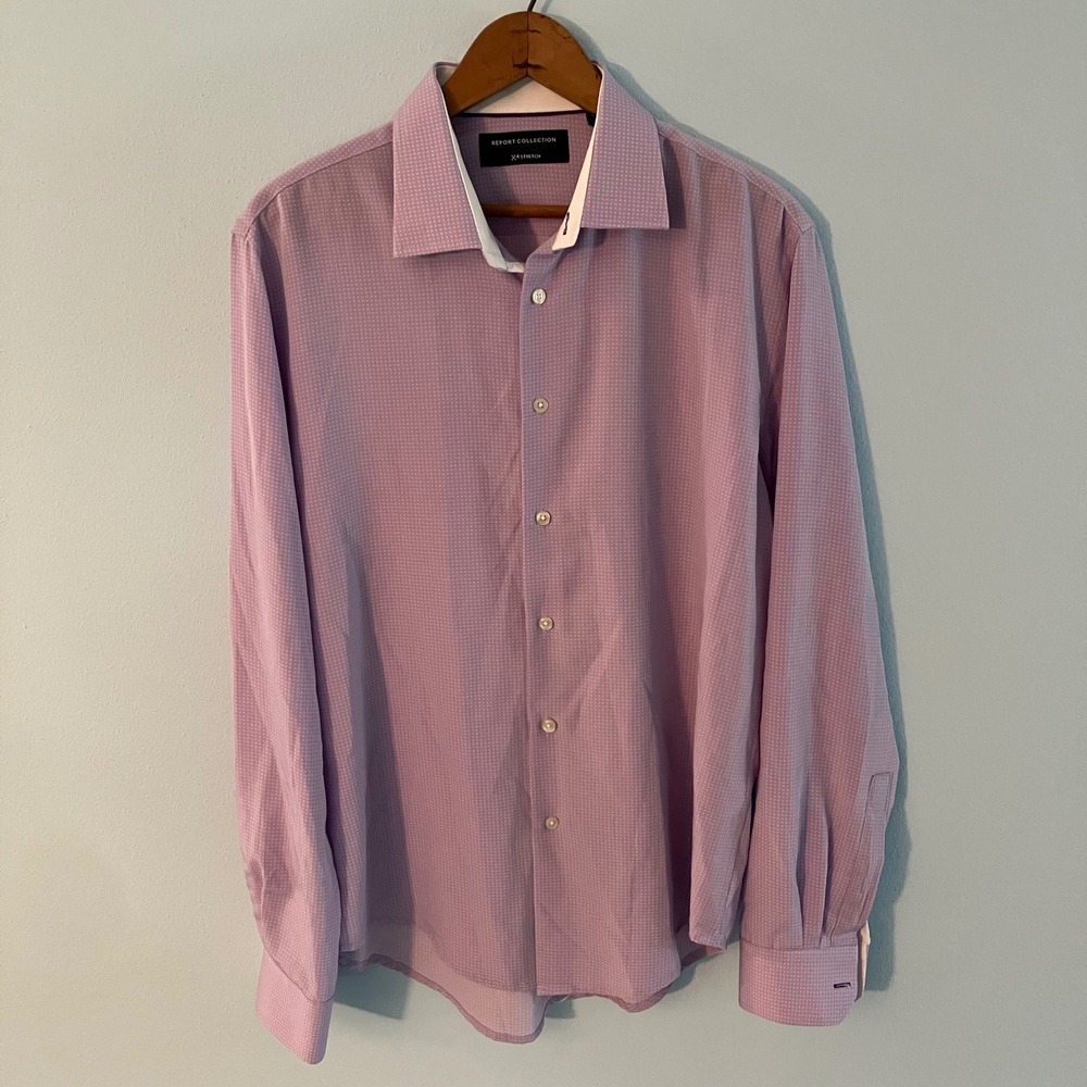 Report Collection X4 Stretch Mens Purple Micro Pattern Button Down Shirt L 16 34